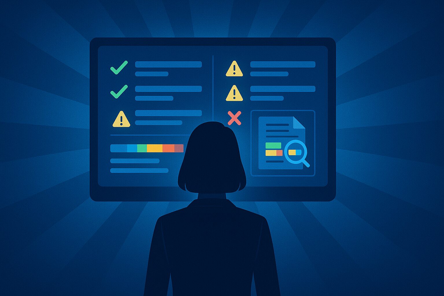 A woman at a desk looks at a computer screen displaying visual elements like charts, colored indicators, and document highlights—suggesting automated analysis and peer benchmarking.