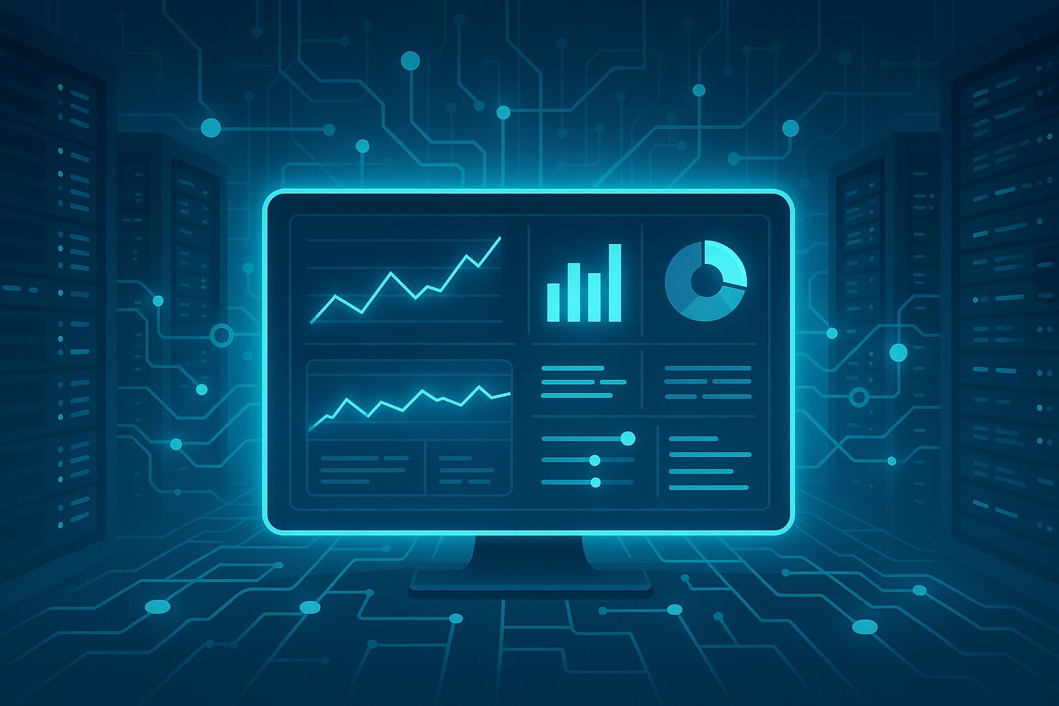 Featured image displaying a glowing dashboard with various metrics displayed, with a robus network of server connections in the background, representing the infrastructure-first approach to AI.